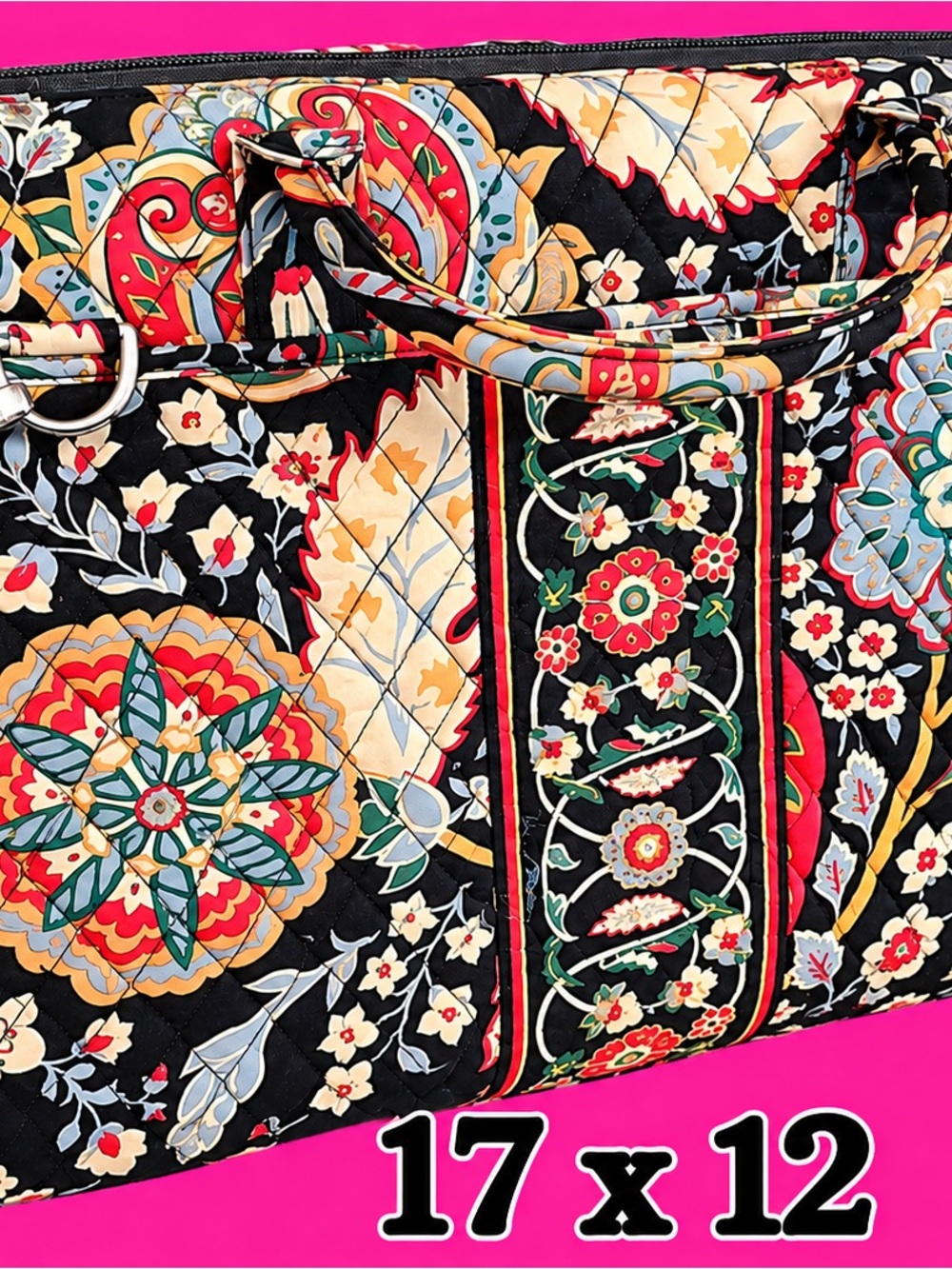 Vera Bradley Black Quilted Laptop Tote with Multicolor Floral Medallions